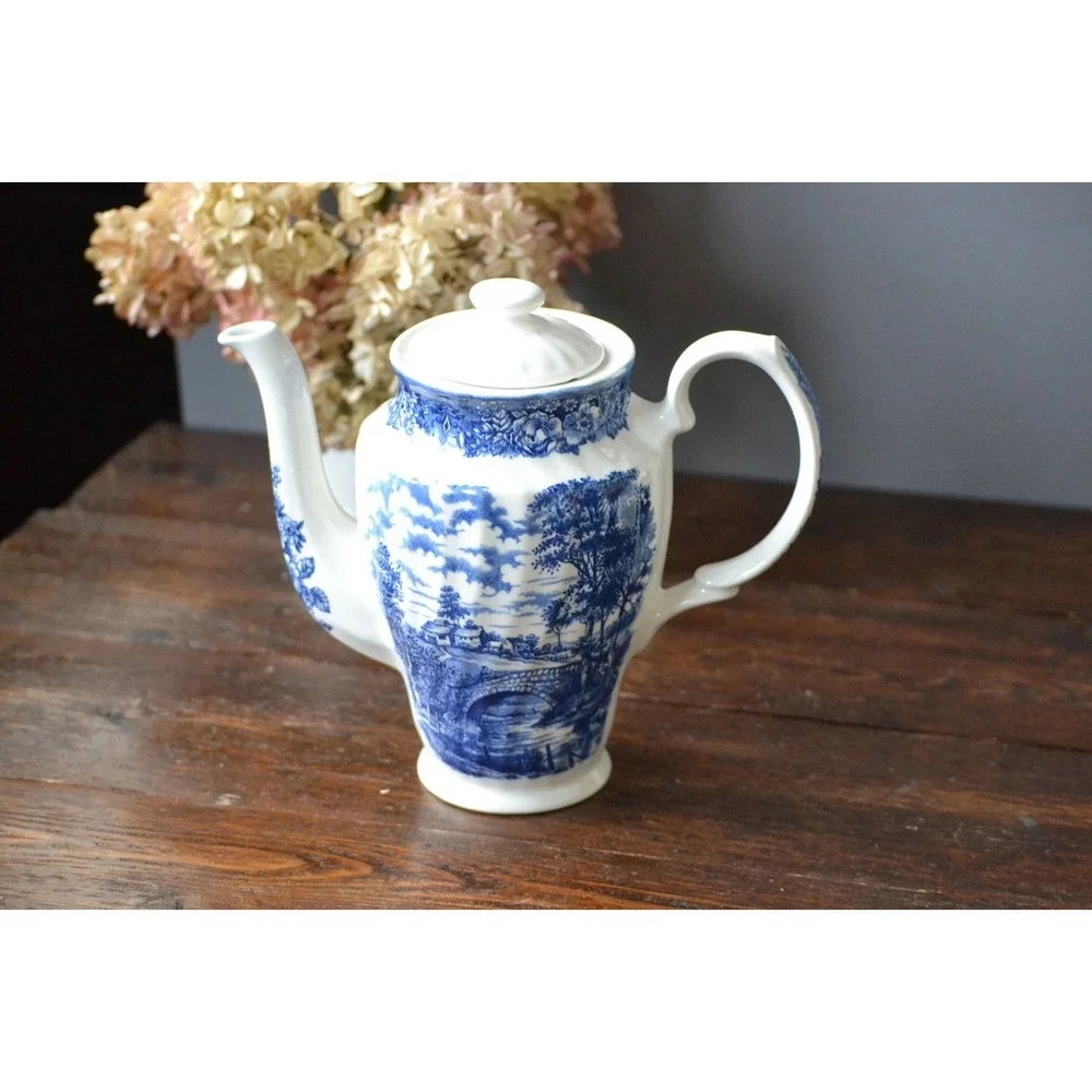 British Anchor Ironstone Coffee pot Memory Lane Blue Transferware‎ countryside